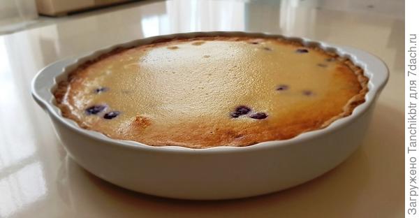 Жаль, не указали диаметр формы, в какой выпекали. По факту теста у меня вышло с излишком, аж 205 граммов осталось (≈ 30% от всего замеса). А начинки – наоборот: взбивала при помощи миксера упаковку творога (320 г) + 500 г сметаны 15% + 2 яйца. Сахар изначально отмерила по рецепту (100 г, использовала смесь: тростниковый + свекловичный), по ходу взбивания добавила еще 2 ст. ложки с небольшой горкой. Муку больше класть не стала. У меня керамическая форма диаметром 25 см и высотой 4 см, но бортики теста до края не поднимала (на фото видно). В итоге осталось чуть «начинки», буквально с небольшой половник (на 70 мл воды). Да, кстати, добавила замороженную черную смородину. Я хоть и ем творог со смородиной на завтрак через каждый день, но в выпечке это совершенно другое сочетание. И оно СОВЕРШЕННО!!!