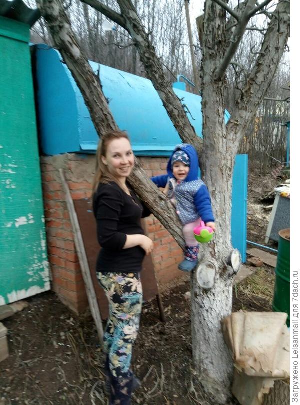 Повторяет все за братом, раз он залез на дерево, ей тоже надо