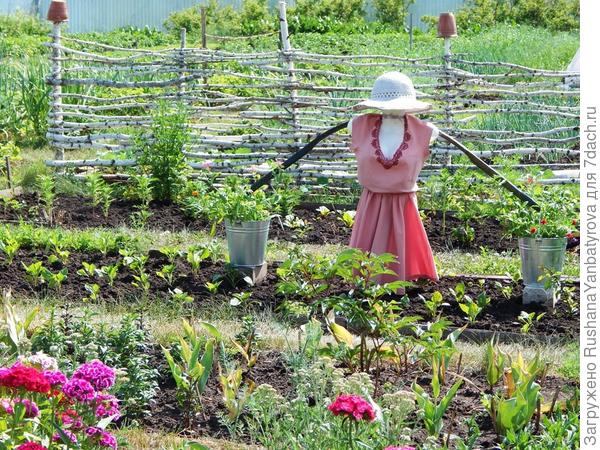 Гармонично смотрится у плетня и барышня-крестьянка с ведрами цветов.