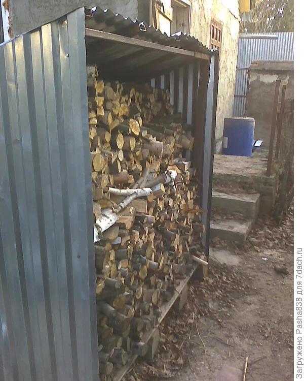 Поленница возле хлева (в кадр попали два строения - хлев и строящийся свинарник). По ходу топить хлев особо не придется, сейчас -14 С и ветер, но захожу а там тепло как дома. Лестница в хлев двусторонняя - с одной стороны ступеньки, с другой - пологий бетонный заезд чтобы въезжать туда с тачкой. С другой стороны хлева еще один вход, но там без лестницы - просто наклонный въезд.