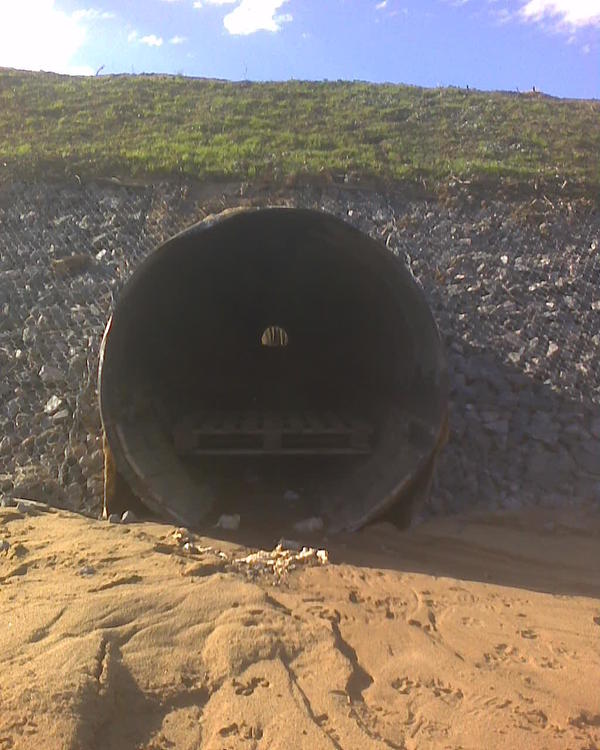 Вот она. То есть там (технически) можно было бы проложить досточки и шастать по ним, благо в трубе сухо. Естественно, есть полно мест для гуляния, но мне интересно, что на той стороне. Жаль, что они не сделали железобетонный какой-нибудь тоннель, а лишь положили какую-то галимую трубу. Высота у ней метра полтора, т.е. движение не ползком, а лишь нагнувшись. Какой-то брошенный кем-то туда поддон можно, по идее сдвинуть. Едва ли в этой трубе есть ход куда-нибудь в поземное царство вниз, но я осторожно проверю. На самом верху на грунте проходит дорога, только я не знаю, она просто асфальтовая или под ней тоже бетон. Таких труб здесь много, они через каждый километр точно, а то и чаще. Не помню по навигатору, надо бы глянуть, куда там через просеку (там еще и просека через лес, её видно с дороги) можно придти. Конечно, если труба не хрупкая, то куда безопаснее было бы шастать через неё, чем бегать через дорогу. А вообще здесь есть где пасти и без хождения туда, просто мне интересно что там, вот и всё.