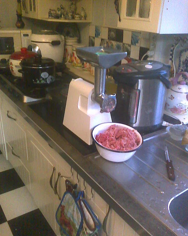 Мясорубка 800 Ватт, но при старте или большой нагрузке может потреблять до 1300 Вт. Такая шустрая, раза в три быстрее молет мясо чем моя которой обычно пользовался, и не захлебывается даже если мясо не маленькими кусочками бросать, а длинными напихивать. Короче я очень доволен сегодня, можно со спокойной душой покупать баранов, поросят и вообще поголовье всей живности увеличивать. Весной надо обязательно будет взять гусят, утят, индюшат, бройлерных цыплят... Зоопарк будет еще тот, но &quot;лишних&quot; можно будет есть. Обожаю фаршированный перец и домашние колбаски. А, да, и там еще я купил насадку для колбасы.