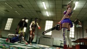 lollipop Chainsaw. Сюжет игры в том, что девушка бегает с бензопилой и крошит зомби.