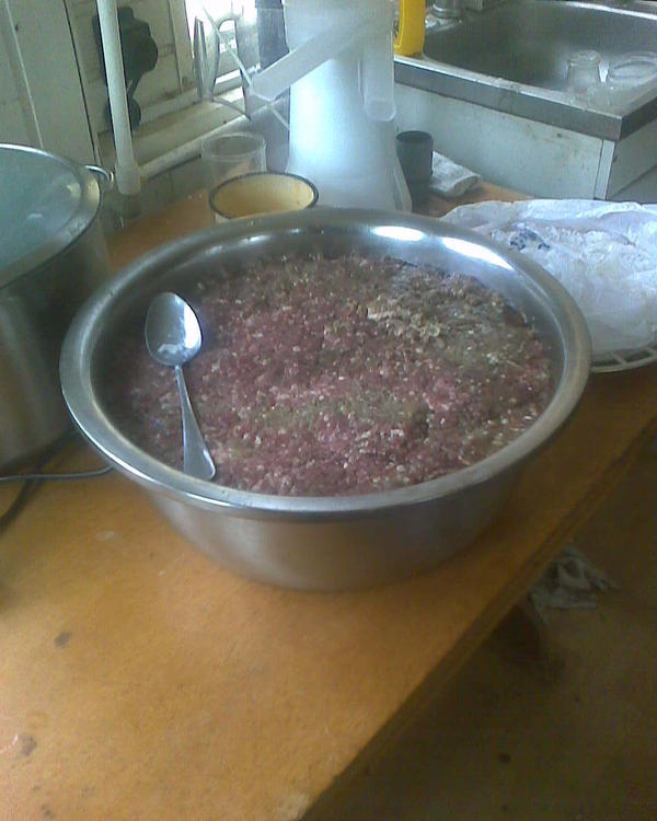 К этому делу пошли окорока от взятого на мясо козла. Фарш с луком (начало), часть на пельмени, а что-то намешал сегодня с отварным рисом для фарширования перца. С луком (без риса) фарша вышло более 10 кг! Вот такая миска )