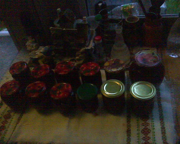 Вот сегодняшнее, остыло, перевернул. Полуторку взял исходя из странноватых соображений - в пачке больших крышек была крышка с нарисованными на ней яблоками, ну и я под это дело решил подобрать банку и повидло яблочное положить. И еще одна закатная крышка тоже с какими-то фруктами, среди которых на рисунке яблоки присутствуют, её я тоже решил не хранить а использовать. Закатные крышки у нас в пачках, и там их много, но все простые, а одна из крышек в пачке - расписная красивенькая, видимо вроде подарка кладут. Остальные банки - завинчивающиеся крышки, зеленая б/у, &quot;помидоры&quot; - новые куплены в пачках. Еще у меня есть какие-то итальянские, что ли, банки, у них крышка завинчивающаяся но какой-то совсем не такой стандарт, и еще есть банки с горлышком уже стандартных 82 мм, и еще похожие, но отличающиеся миллиметра на четыре. Вот эти необычные крышки я без понятия где в данный момент искать. Хотя это скорее хобби, у меня странная мания подгребать пустые банки где попало кто выбросит, отмывать их кипятком с порошком и содой до блеска, и в них консервировать. Ну и крышки все разные ))