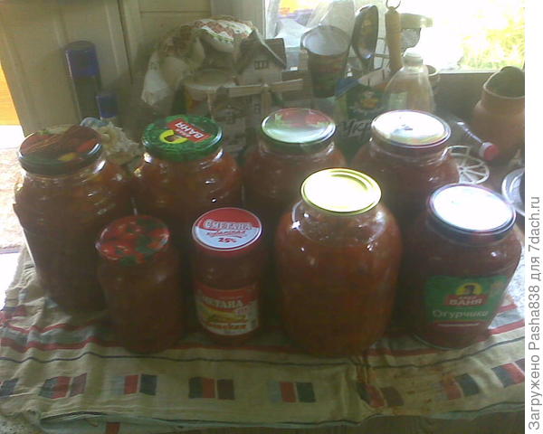 Рисковать остаться без заготовок совсем не стал, ввиду этого выбрали на рынке помидоры и перец посъедобней, докинули успевший созреть свой, ну и я наварил лечо. В один присест в двух кастрюлях варится примерно 17-18 литров лечо. Помидоры, перец и лук, литр воды и варится.