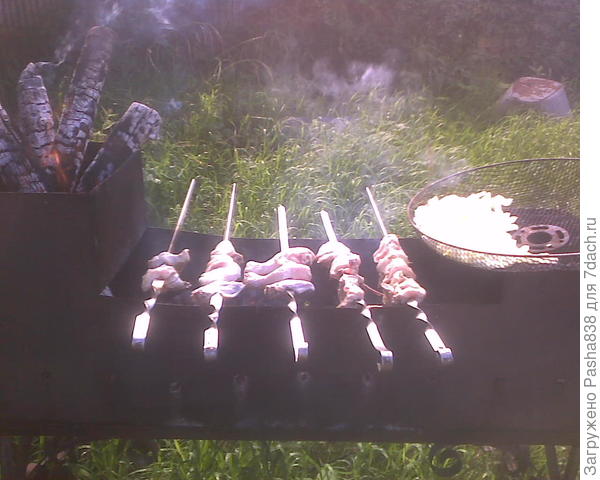 Такая вот &quot;корзина&quot;. Белое - это куча маринованного лука, который у меня не столько жарится, сколько просто разогревается на углях. Потом чаще всего я сваливаю и мясо в эту же корзину и отношу в дом. Когда-то очень давно это было офисным вентилятором. Не советую так делать - металл неизвестно какой, а краска и вовсе непищевая, выделяющая при нагреве ядовитые вещества. Хотя до готовки я конечно это дело сжег давно и несколько раз мыл и снова дожигал, мало ли. Букет обугленных палок слева - это просто угля уже было достаточно, а пока эти догорят мне ждать было лень, поэтому я просто вынул их щипцами и оставил догорать сбоку в &quot;трубе&quot; мангала.