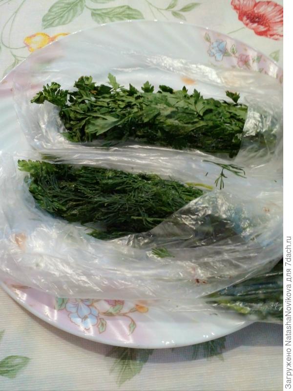 зелень, как, и любые овощи, в просушенном состоянии плотно упаковываю в ц/пакеты, заворачиваю - посторонних запахов нет, зелень как свежая.