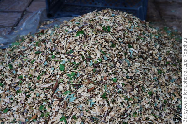 Это "продукт". Я бы назвала это крупными опилками. Можно мульчировать и так, но мне больше нравится мульча, дополнительно просеянная через пластиковый ящик. Отсев идёт в компост.