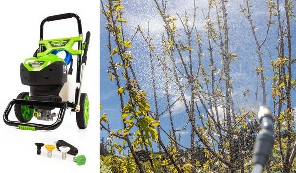 Опрыскать даже самые высокие садовые деревья поможет мини-мойка. На фото - Greenworks GDPW-Semi-P15, 2000 Вт. Фото с сайта gw-house.ru