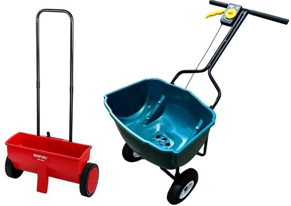 Слева: сеялка WORTEX HSP 4512. Фото с сайта artem-tools.ru. Справа: тележка-разбрасыватель GWU-25 Great Wolf. Фото с сайта greatwolf.ru