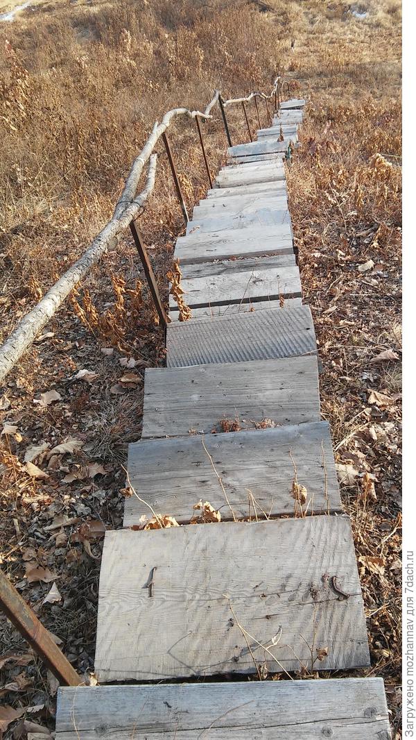 лестница ведет к озеру, а зимой рядом с этой лестницей устроили горку  для зимнего катания