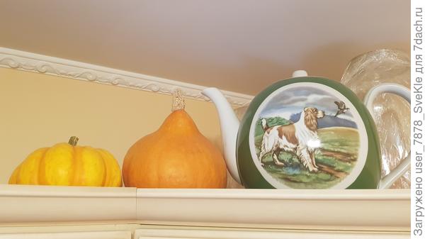 Тыквы еще в морозилке кусочками и на шкафу в интерьере кухни)