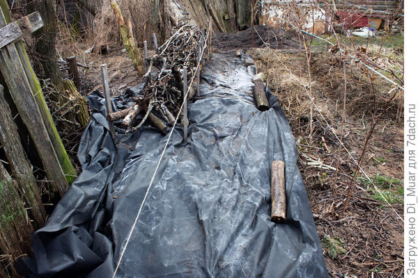 Складываю покрасивей сухие ветки и укрываю места скопления сорняков материалом.