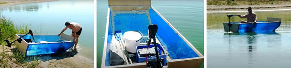 Самодельная лодка из поликарбоната оснащена легким электрическим двигателем. В снаряженном состоянии вес лодки около 30 кг