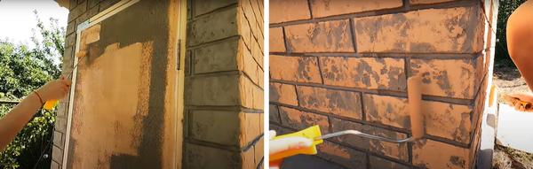 Красим "кирпичи" фасадной краской. Фото с канала Песни Яши Косяка