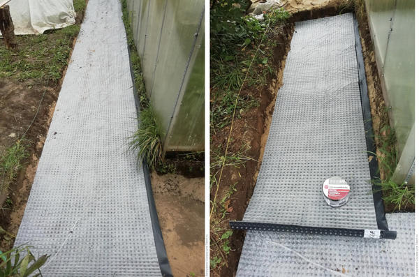Мембрана разложена вдоль теплицы. Готовлюсь к склейке полотен