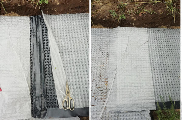 После проклейки скотчем расправляю геотекстиль на место