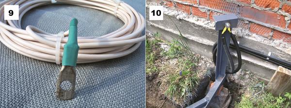 Фото 9. Для подсоединения дома к контуру заземления используем провод ПВ-3 (ПУГв) 1 х 10 мм², на конце которого обжимом крепим медный кабельный наконечник. Фото 10. Клемму прикручиваем к площадке токоотвода с помощью нержавеющих болта, гайки и двух шайб
