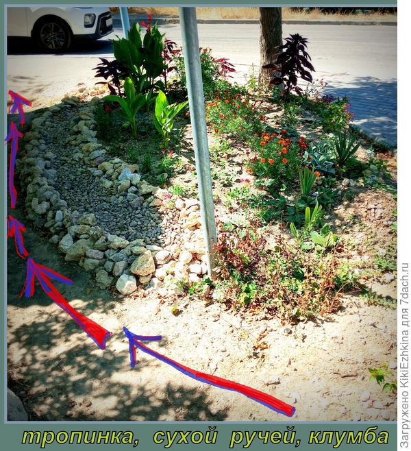 так  народ  пробирается  к остановке  по узкой  тропинке, которая  сейчас  с двух сторон имеет культурное обрамление: справа-ручей, слева-рядок Ирисов... Всё!  Грязи  и запустения тут не осталось!