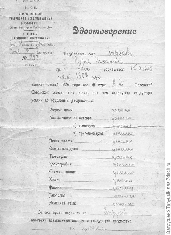 Хорошо училась моя бабушка. Успешно! (Интересно, тогда только две отметки были: успешно и неуспешно?) Правда, интереса ни к какому предмету не проявляла (а я бы космографией увлекалась)...