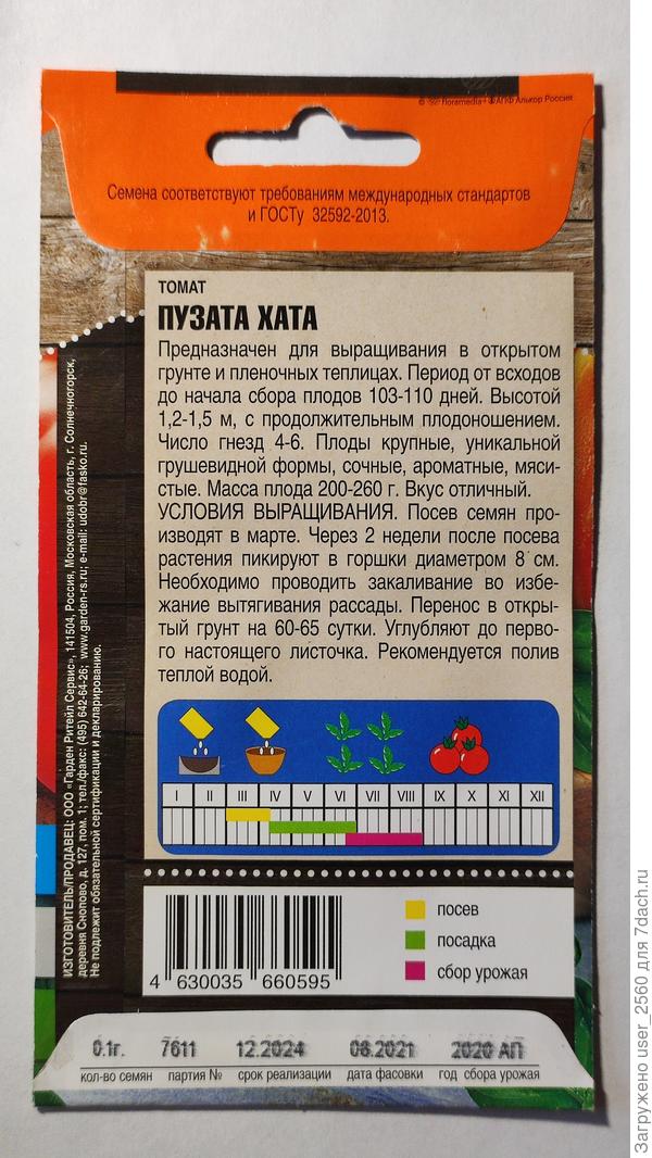 Описание сорта на пакете семян (оборотная сторона)