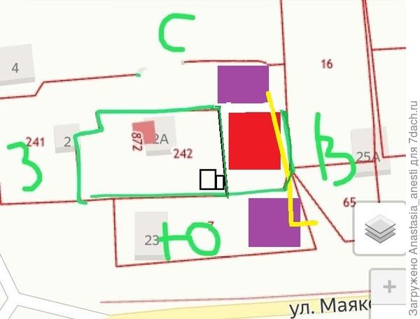 фиолетовый-соседские поля с картофелем, красный- бывшей хозяйки, желтый-путь трактора. Зеленый-нынешний забор, тут видно его отсутсвие с севера. ( забор за баней посредине участка будет демонтирован и пермещен на северную границу.)