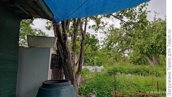 Можно разглядеть струйку воды, текущую в бочку!