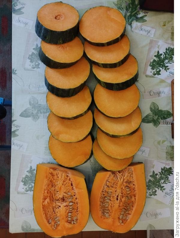 Вот так в разрезе, каждый круг 0,8-1 кг, подготовила к запеканию в духовке. Потом измельчаю мякоть в комбайне и замораживаю пюре в пакетах. Получается компактно.