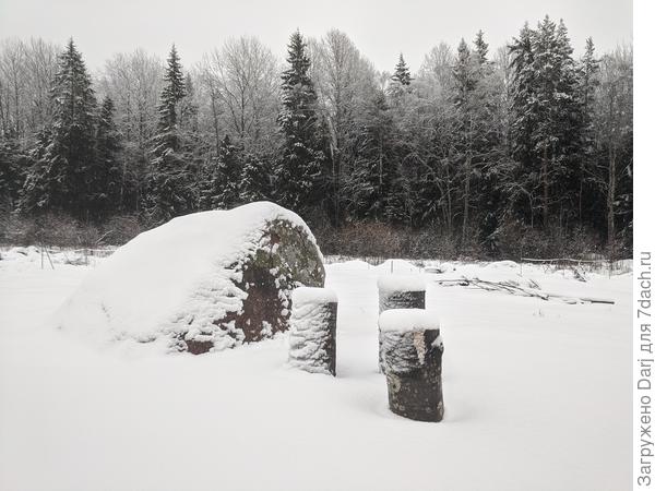Первая зима. Телефон с летним бурьяном и молодым ивняком на участке утоп. Поэтому на фото участок уже почищен.