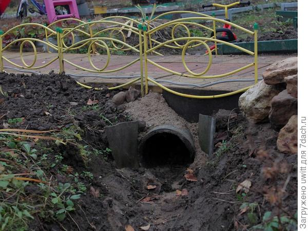 Асбестовая труба вместо деревянных мостков через дренажную канаву, песок зафиксирован листовым железом и декоративный заборчик для обозначения краёв
