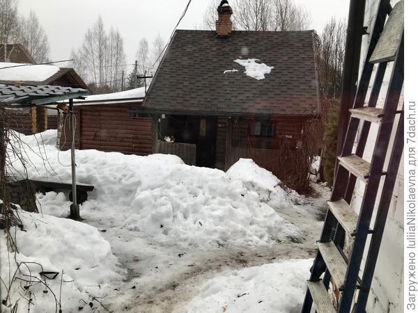 Вид сейчас из окна кухни. Снег с крыши бани сошёл, уже прогресс! Ещё немного и побегу редиску в теплице сеять) Будет и у нас весна!
