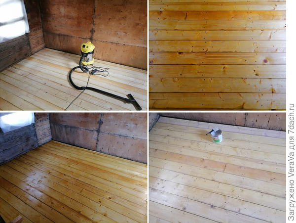 Слева направо, сверху вниз: обеспылила всё вокруг, насколько можно было; покрыла морилкой, лакирую.