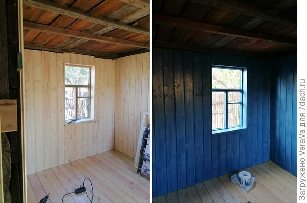 А это то, что было дальше. С вагонкой над окном и откосами помог муж, он же направляющие прибивал. У светлого варианта оказалось больше сторонников, но решающее слово было за мной. Больше всего времени на даче провожу всё-таки я, и в слишком светлых помещениях у меня быстрее устают глаза. Ну и чисто эстетически мне больше нравятся стены насыщенного цвета. Так что кто краску оплатил, тот и командует)