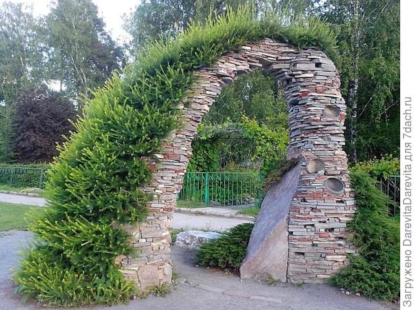 Сумасшедшие вещи делают у себя, арка из лиственницы с юбкой из можжевельников.