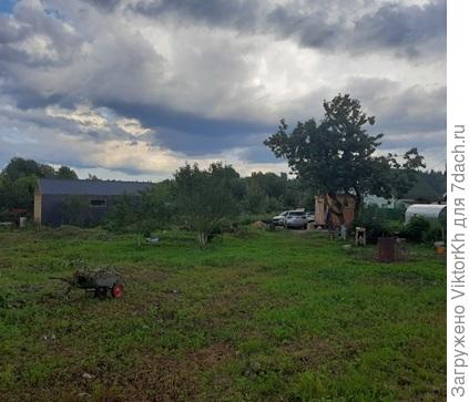 Вид от конца участка в сторону ВХода( машины на участке) рядом с бытовкой