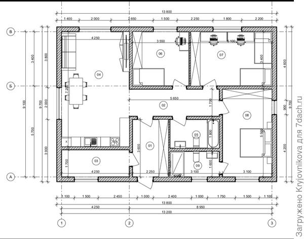Планировка дома, выход на террасу слева из кухни-гостиной