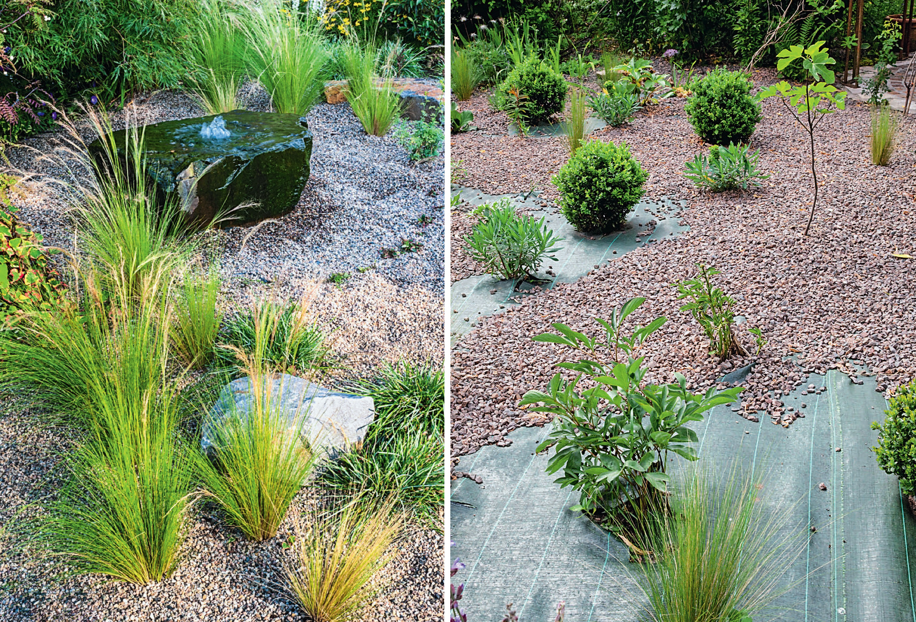Слева: цветник с декоративными травами замульчирован мелкой разноцветной галькой. Справа: у сорняков не будет шансов пробиться сквозь броню из нетканого материала и отсыпки