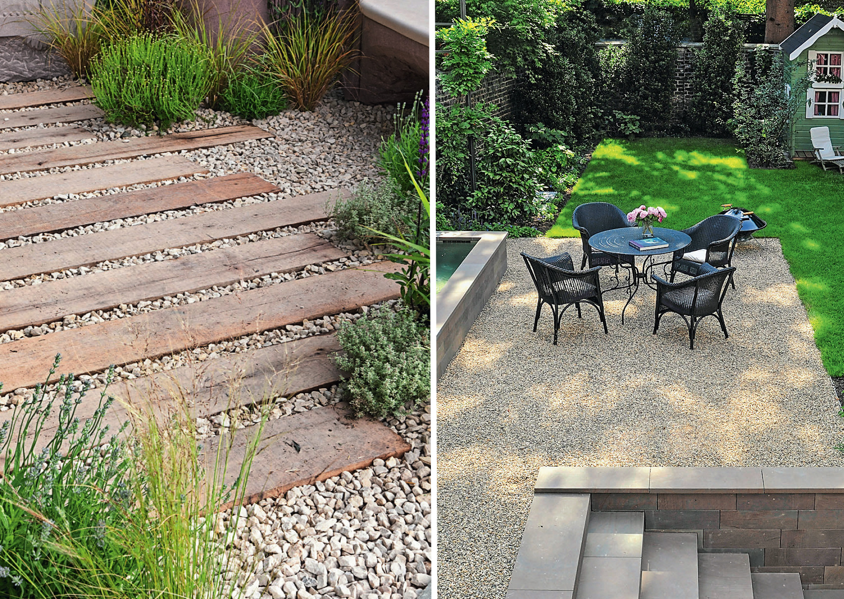 Слева: дорожка из светлого гравия и досок. Справа: площадка для отдыха засыпана хорошо утрамбованным гравием мелкой фракции