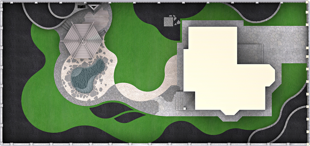 Извилистые дорожки, плавные контуры для миксбордеров по краям участка, газон, ограниченный контуром из цветников