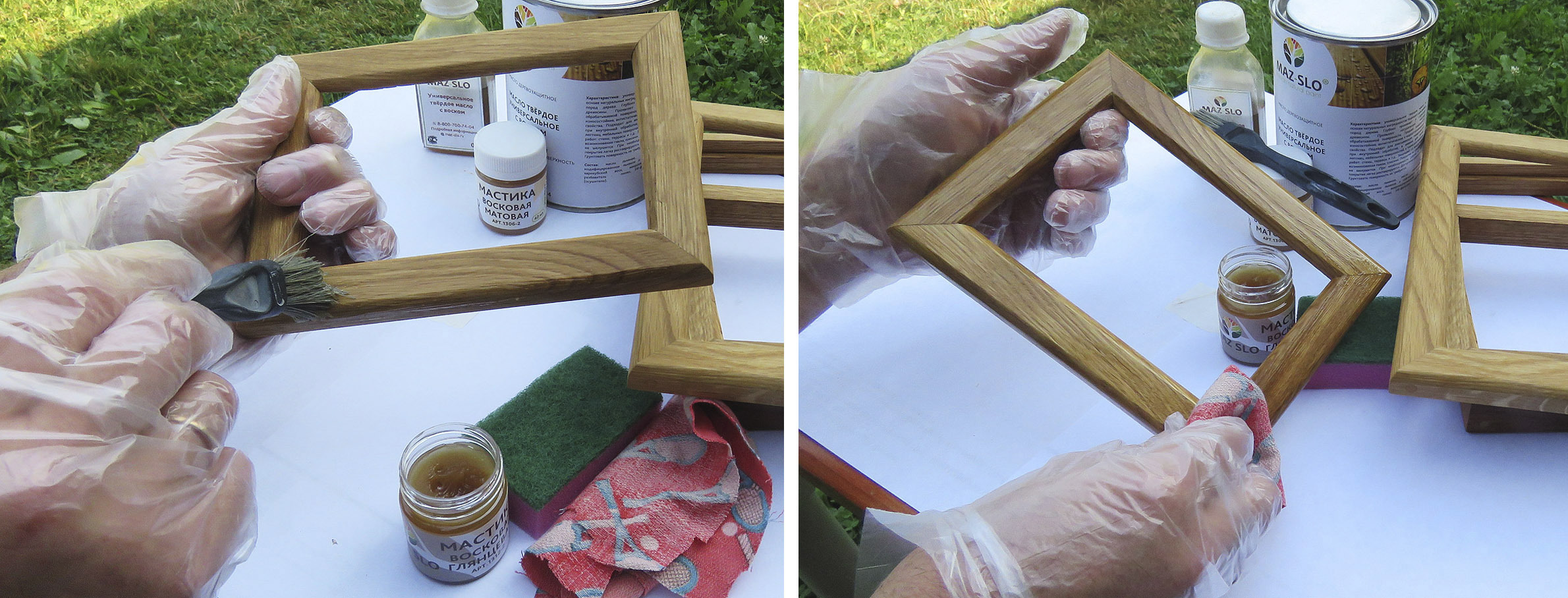 Размазываем мастику по поверхности жесткой кистью. Потом протираем ветошью. Фото автора