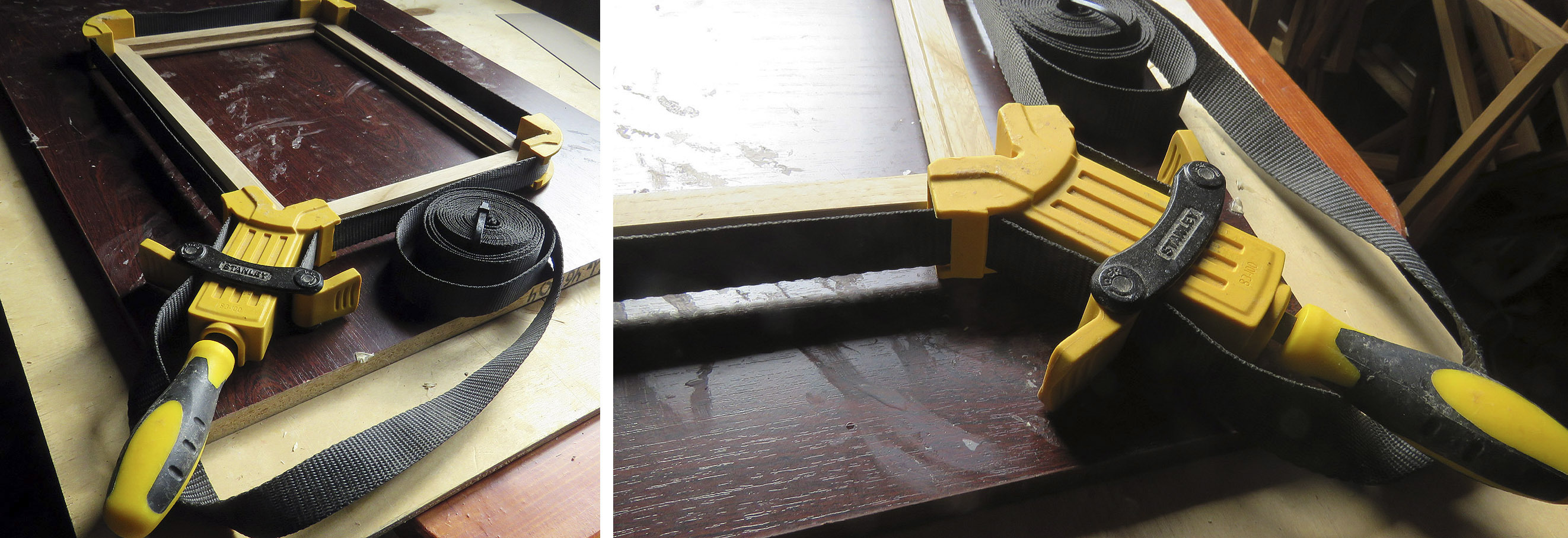 Склеиваем рамку, используя ленточную струбцину. Фото автора