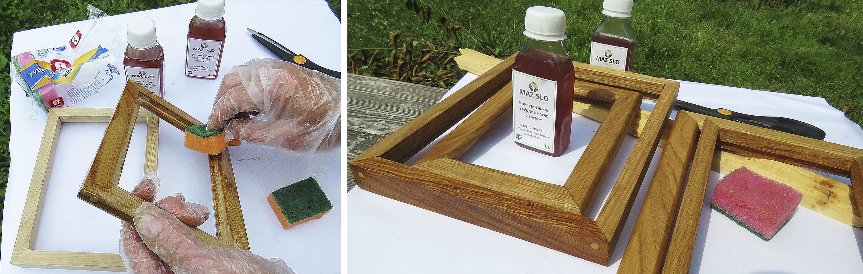 Тщательно протираем рамку губкой, пропитанной масло-воском. Фото автора