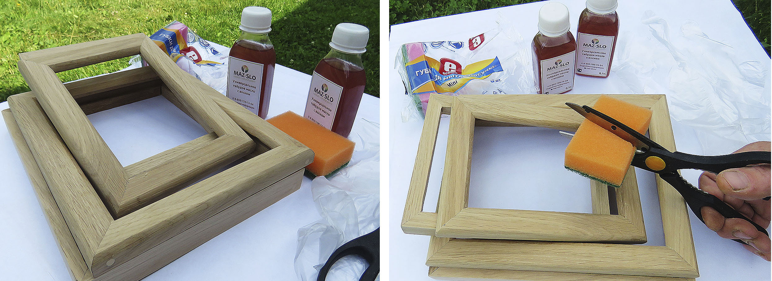 Поверхность дубовой рамки подготовлена к нанесению масла. Режем губку на две части. Одну смочим маслом и буде протирать поверхность рамки. Второй частью губки - удаляем излишки масла. Фото автора