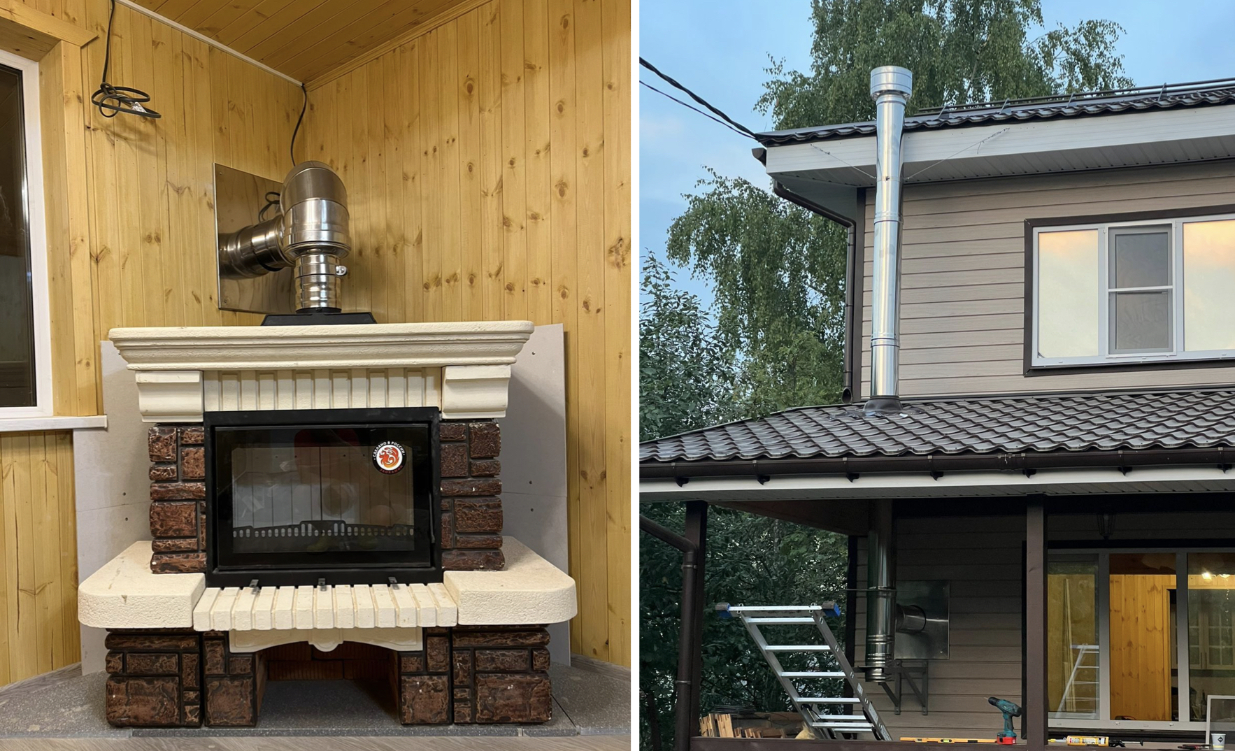Установленный дровяной камин и дымоход, требующий доработки. Фото автора