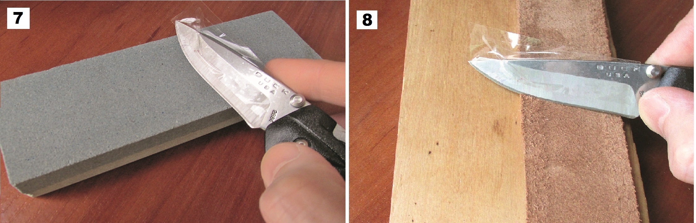 Фото 7. Заточка складного ножа. Фото 8. Дополнительно полируем лезвие об ремень