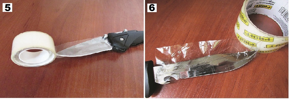 Фото 5, 6. Готовим ножи к заточке: заклеиваем скотчем нерабочую часть лезвия складника и Трамонтины