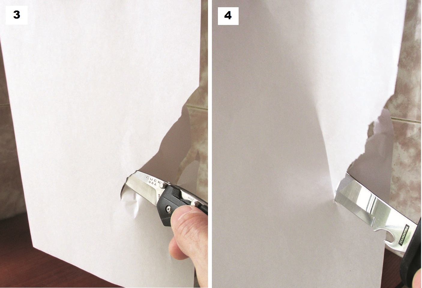 Фото 3. Складной нож хоть и режет, но неровно. Фото 4. Трамонтина уже не режет, а просто рвет бумагу