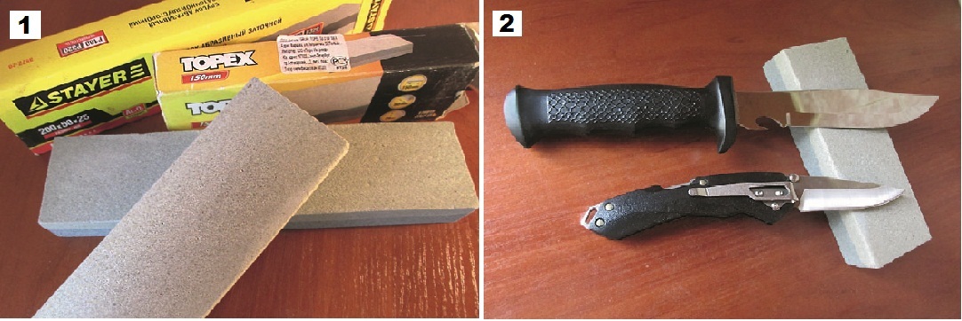 Фото 1. Китайские абразивные бруски. Фото 2. Складной Buck QuickFire (снизу) и Tramontina Camping